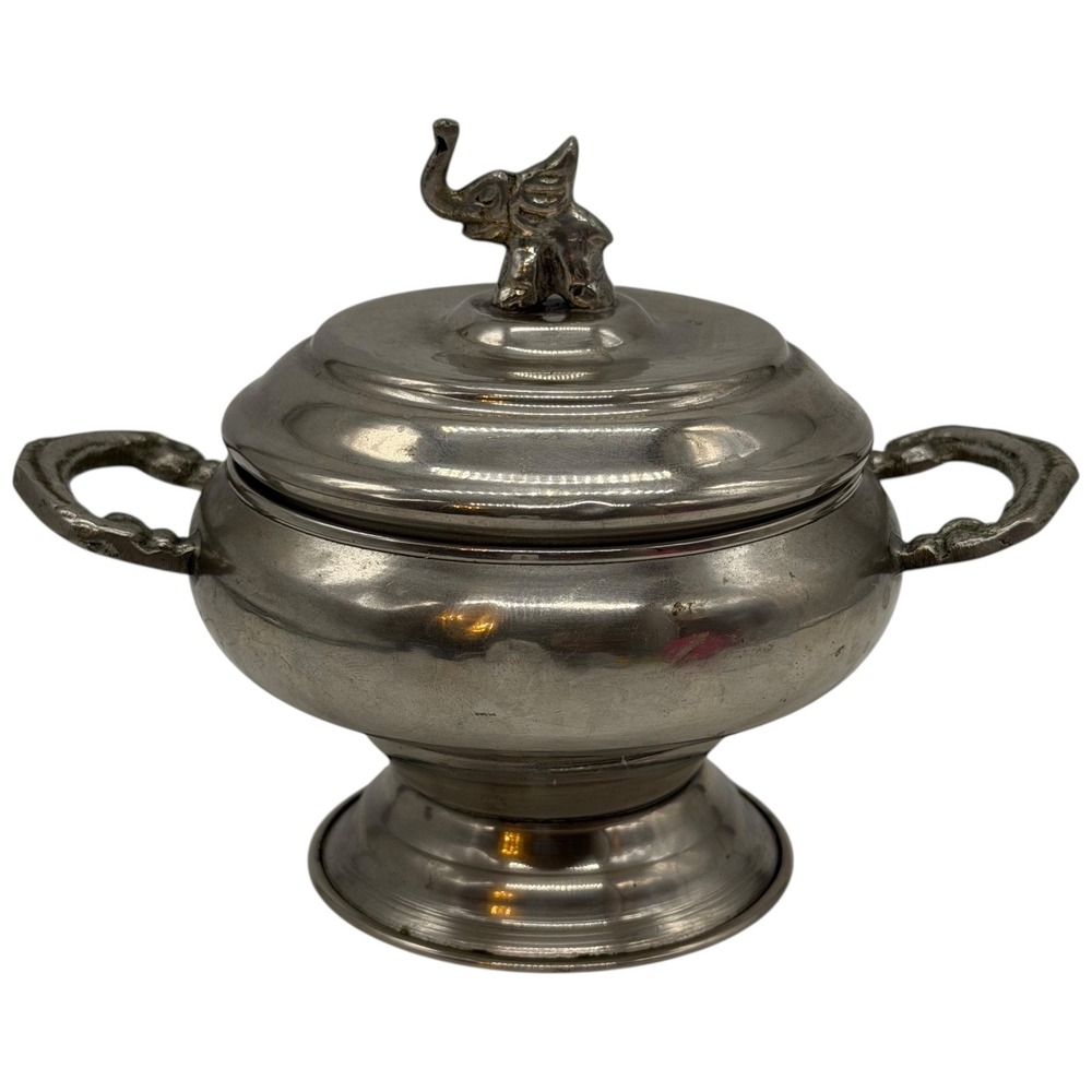 Vintage Pewter Elephant Lidded Sugar Bowl Trinket‎ Dish With Handles